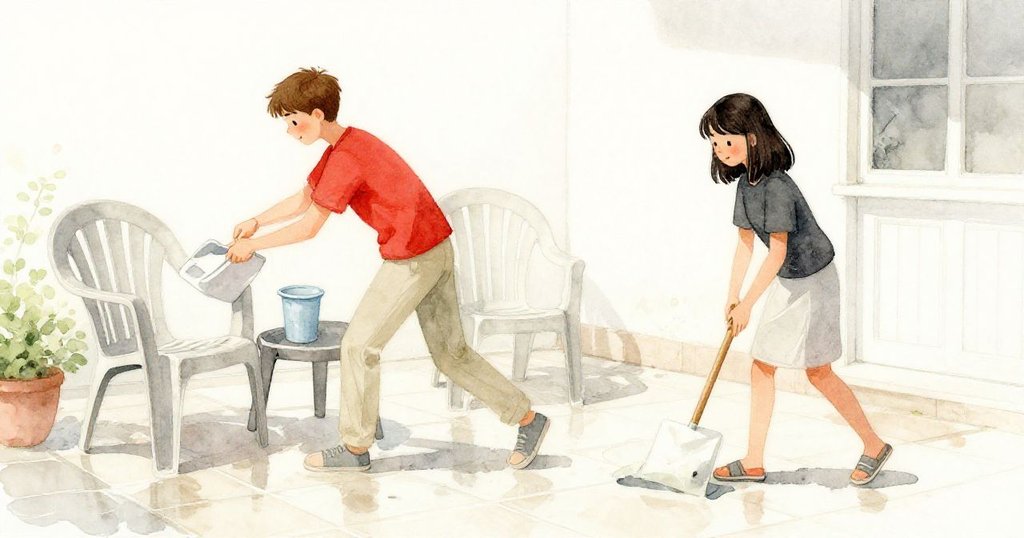 戶外明亮露台上，Glen 與 Darla 在濕滑瓷磚間忙碌清理，Darla 輕巧地從椅腿上取下綠色清潔墊碎片，氛圍活力明朗。