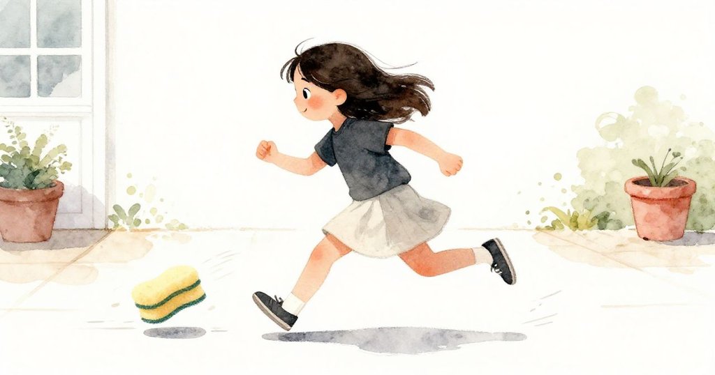 Darla 在耀眼陽光下奔跑追趕流浪的小海綿，動作迅捷，背景充滿濕潤倒影和活力動感。