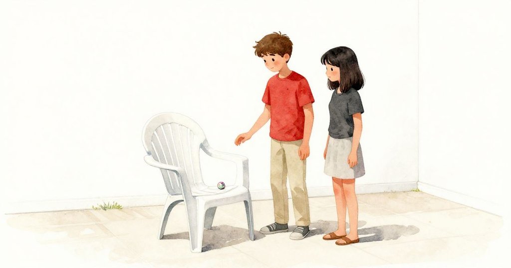 在柔和陽光下，Glen 與 Darla 站在乾淨露台前欣賞整潔的椅子，椅上微光閃爍的玻璃彈珠帶著彩虹，充滿平靜與滿足。