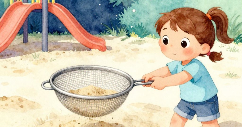 莉莉專注地用小手拉動金屬篩上的網格,細膩展示沙粒質感與她堅定努力的神情。