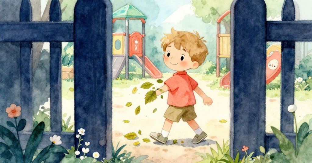 凱勒走入遊樂場,捧著落葉與小花,透過間隙觀察莉莉精心打造沙坡,溫和又充滿好奇。