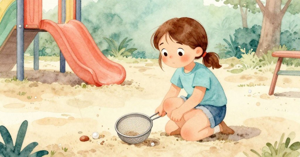 在帶有回憶色調的遊樂場中,莉莉面對失敗過程中散落的沙子與下垂的篩子,神情沉思而堅定。