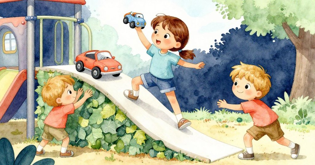 莉莉溫柔扶持著即將滑下的玩具車,凱勒穩固著用落葉組成的小牆,緊張而充滿期待的瞬間。