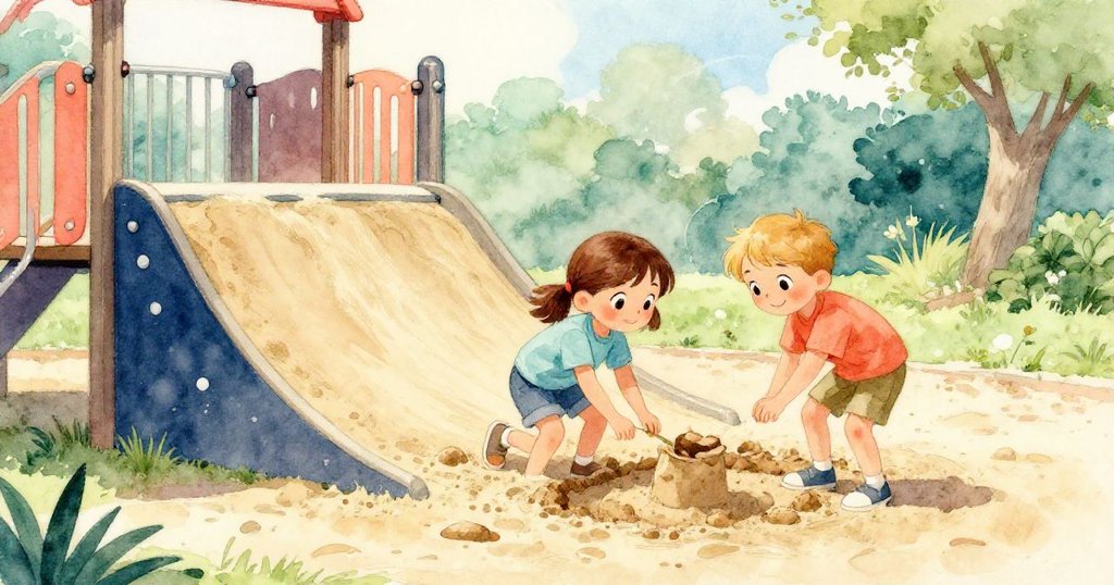 莉莉與凱勒站在完成的沙坡前,共享成功喜悅,望向明亮未來,充滿希望與滿足感的遊樂場景象。