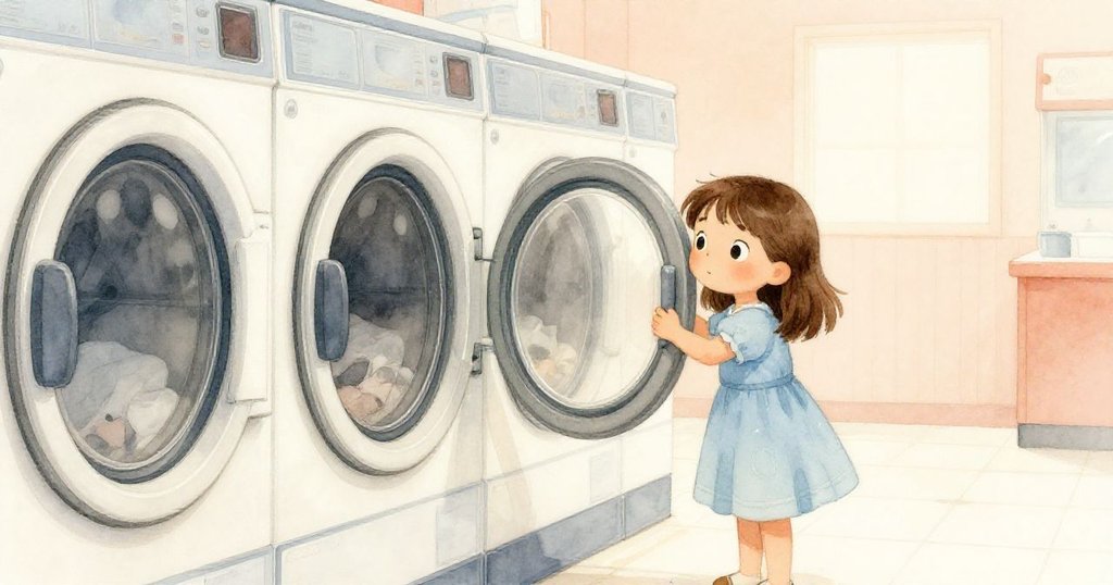 Esme在自助洗衣店裡，輕觸橡膠邊緣，仔細數著以四十度開啟的洗衣機門，表情充滿好奇與專注。