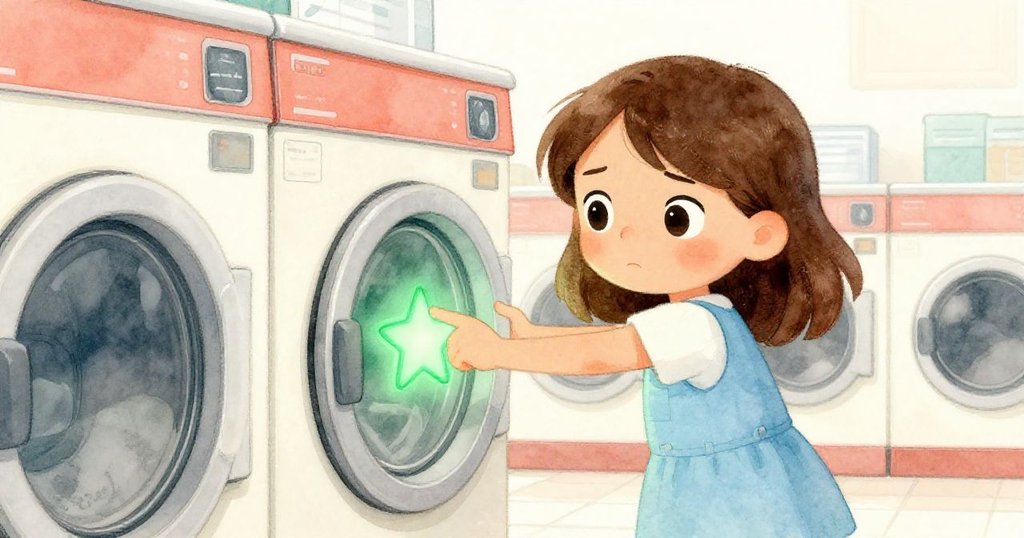 從低角度看，Esme堅定地按下發光的綠色啟動鈕，背景中的洗衣機開始旋轉，展現現代洗衣店的溫暖光線。
