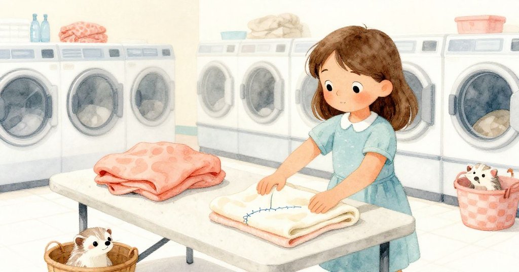 Esme在折衣桌旁整理衣物，溫柔撫平帶有歪斜藍線的海灘巾，迷你毛絨雪貂從襪籃中探出頭來，環境溫馨有序。