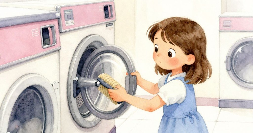 Esme輕觸洗衣機的操控桿，將卡住的硬幣輕輕撥動，機器發出金屬聲響，場景充滿細膩互動細節。