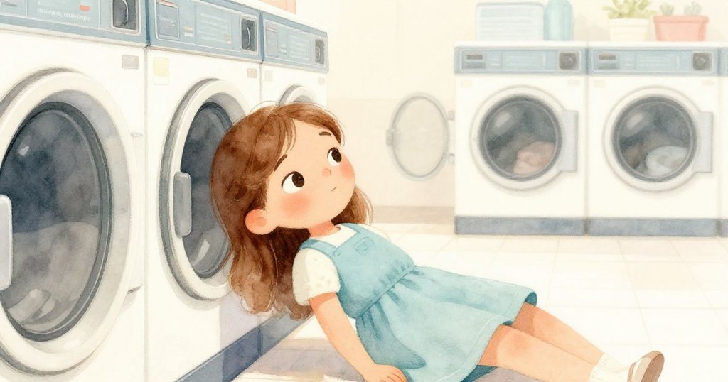 Esme在洗衣店角落安坐休息，臉上流露寧靜與滿足，背景柔和燈光照亮現代化洗衣機，結束忙碌的一天。