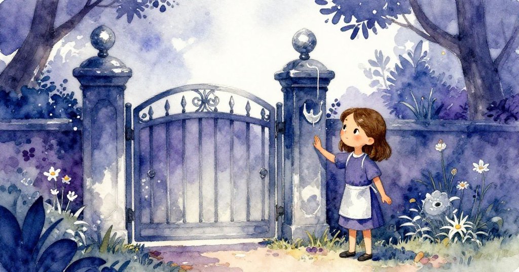 Opal在花園門旁輕觸柱子,空蕩掛鉤隨微風發出低鳴,背景充滿古樸氣息,表情專注而充滿好奇。