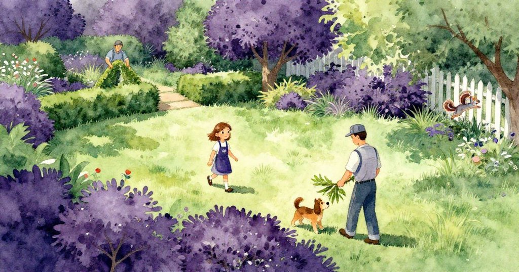 從高處俯瞰庭院,Grant遠處修剪樹籬,Opal步履穩重穿越草坪,狗搖動樹枝,灰松鼠靈巧躍過柵欄,場景生動協調。