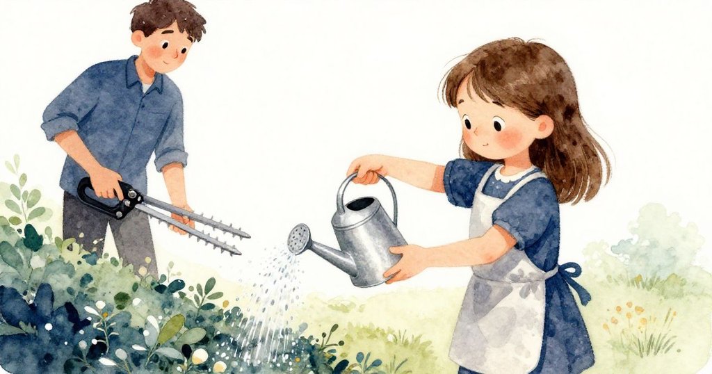 Opal手握澆水壺,專心倒出清水調節浸環時機,背景中Grant修剪樹籬正處停頓,神情寧靜而堅定。