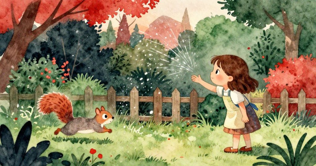 Opal注視薄膜破裂滴落,灰松鼠從柵欄迅速掠過,庭院中傳達出意猶未盡的神秘與期待感。