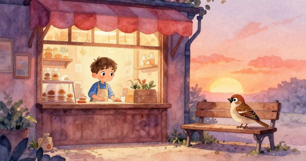 Tobias在夕陽下的麵包店外忙碌，玻璃窗內他專注包裝點心，戶外長椅上棕雀靜靜觀望，洋溢著溫馨氛圍。