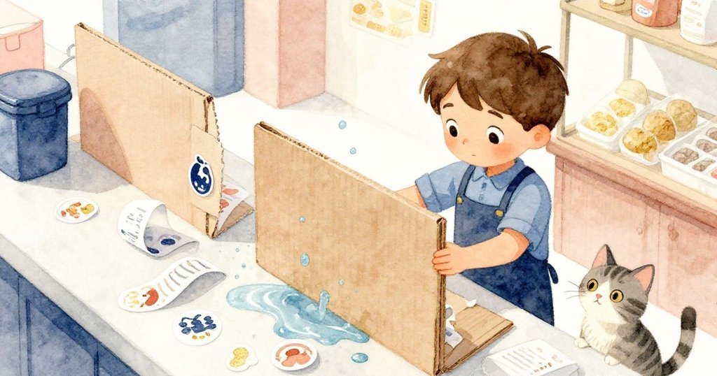 從高處俯視包裝台，水杯溢出水花、紙貼微捲，Tobias穩定操作中，現場忙碌卻充滿溫馨氣息。