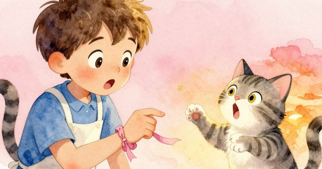 Tobias驚喜發現緞帶輕拂手腕，條紋貓驚慌後跳，臉上寫滿意外與歡樂，氣氛轉化生動。