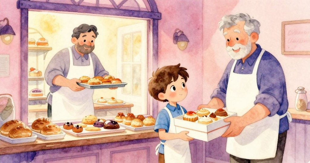 Tobias面帶滿意望向前方，旁邊點心盒整齊，麵包師微笑送上新鮮托盤，蒸汽上升，預示新開始。