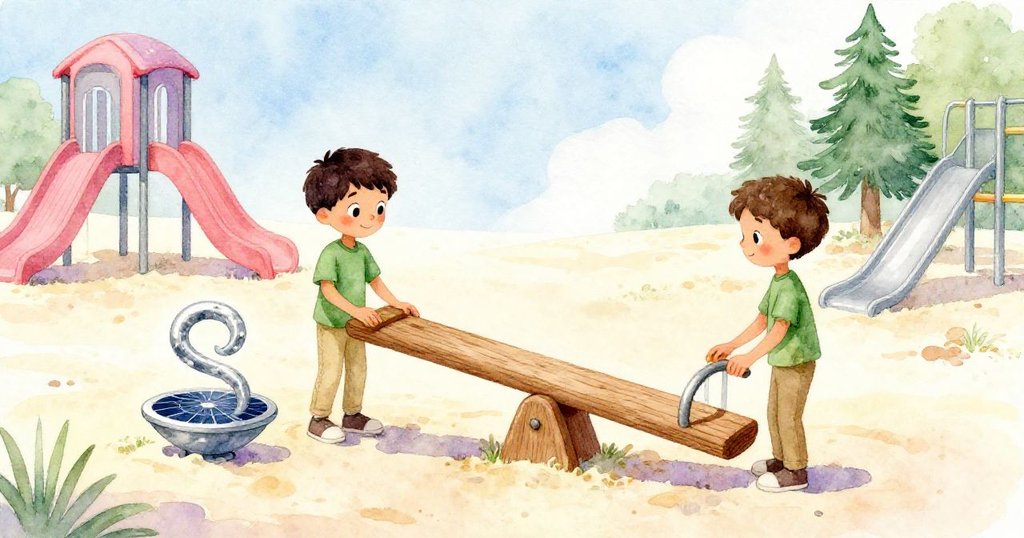 皮爾斯在陽光下於戶外遊樂場用手擦拭粗糙木板，專注檢查小太陽能旋轉雕塑，臉上充滿好奇與期待。