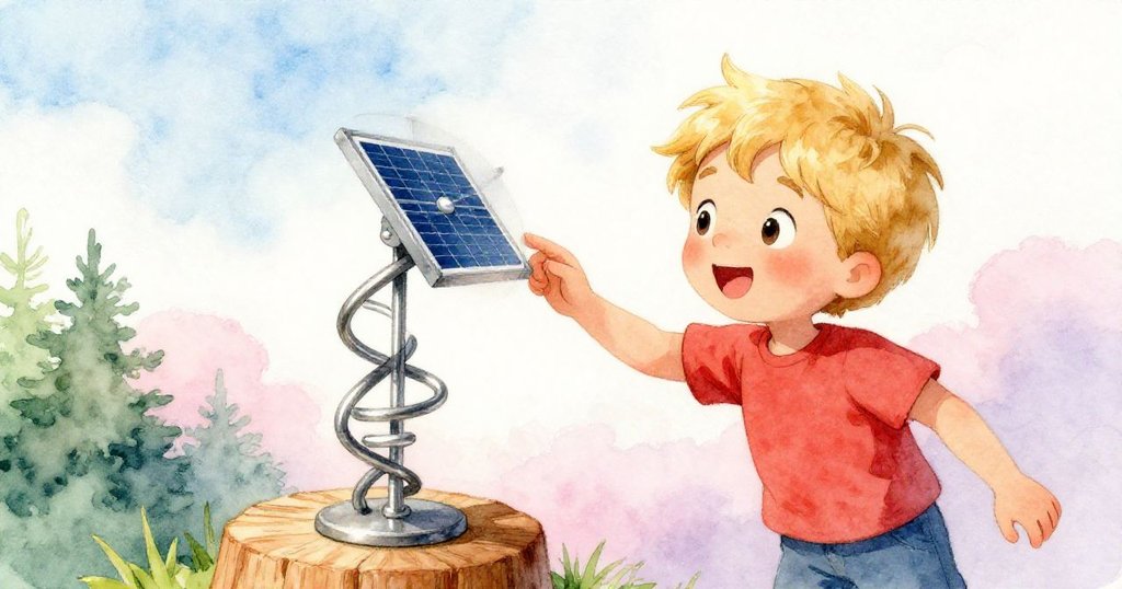 芬恩專注觸摸太陽能旋轉雕塑，仔細觀察木板紋理與金屬光澤，臉上流露出驚喜與探索精神。