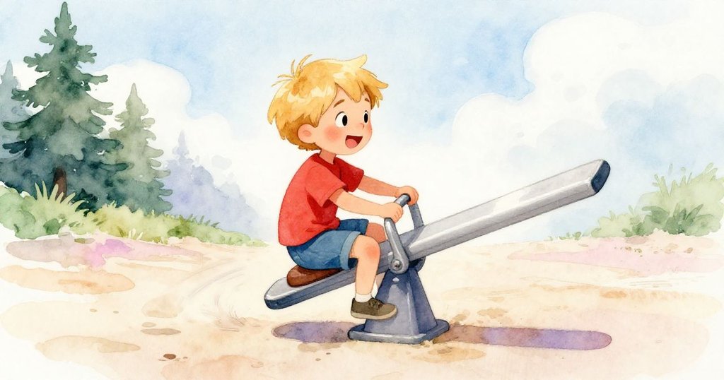 芬恩坐在搖擺木板上，木板輕微下傾，雙腳輕觸地面，臉上流露出興奮與專注，氛圍動感。