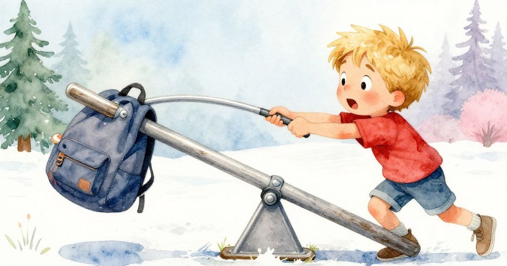 芬恩急忙拉下背包，手握粗糙布帶，臉上露出驚訝神情，背景展現木板紋理與微妙的平衡變化。