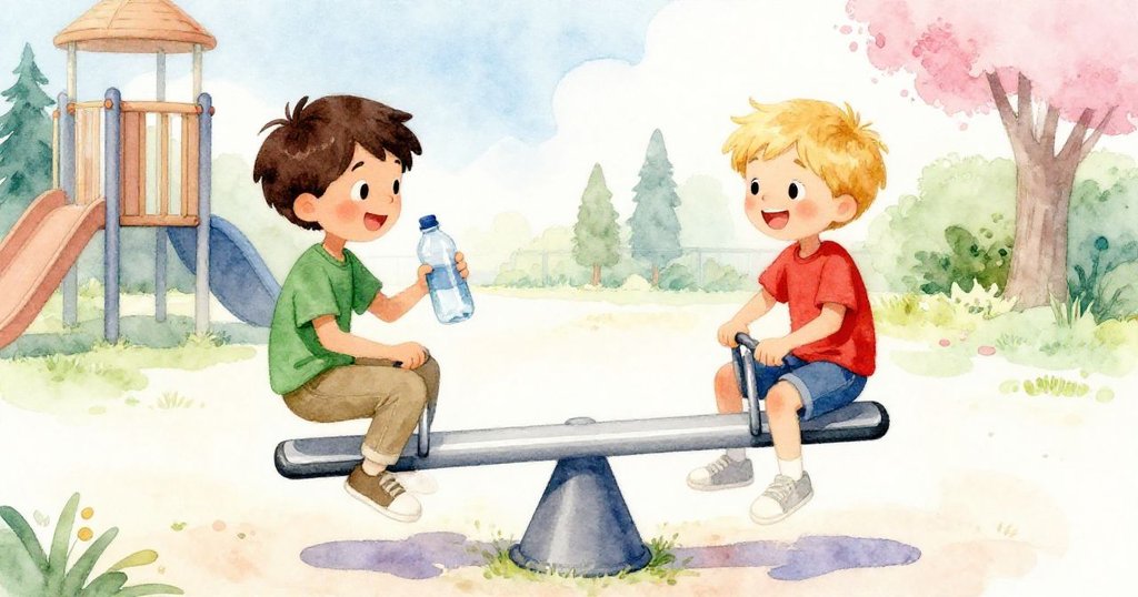 皮爾斯手持水瓶穩住木板，芬恩在旁露出寬慰微笑，兩人合作使搖擺板平衡，明亮陽光映照沙丘。