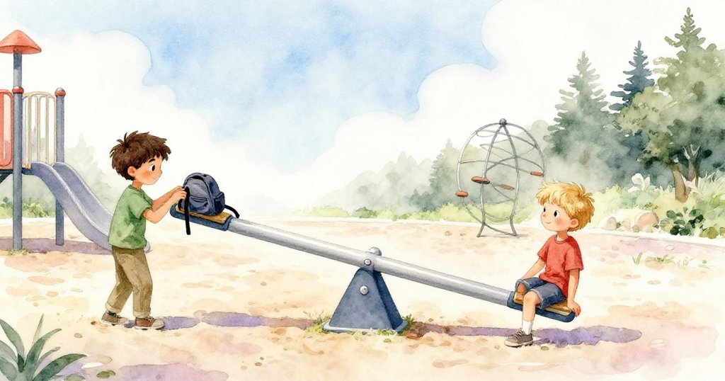 芬恩細心移除多餘物品，木板穩定平衡，皮爾斯滿意注視，戶外遊樂場展現沙丘與閃耀雕塑，共享成就與喜悅時刻。