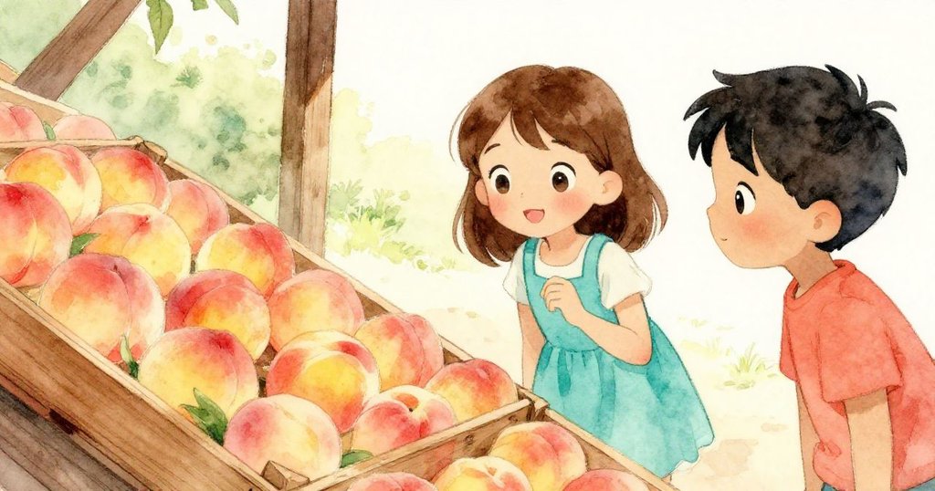 露西亞與表哥賽勒斯在明亮晨光下於農場攤位仔細觀察排列整齊的桃子,神情充滿好奇與期待。