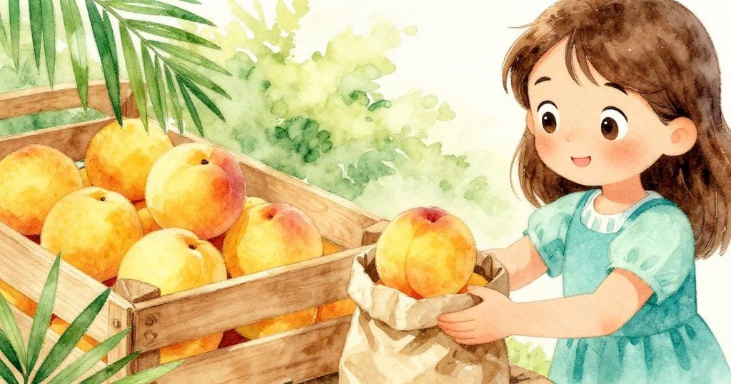 露西亞在柔和陽光下,正用紙袋細心裝入農場木箱中熟透桃子,神情專注滿懷期待。