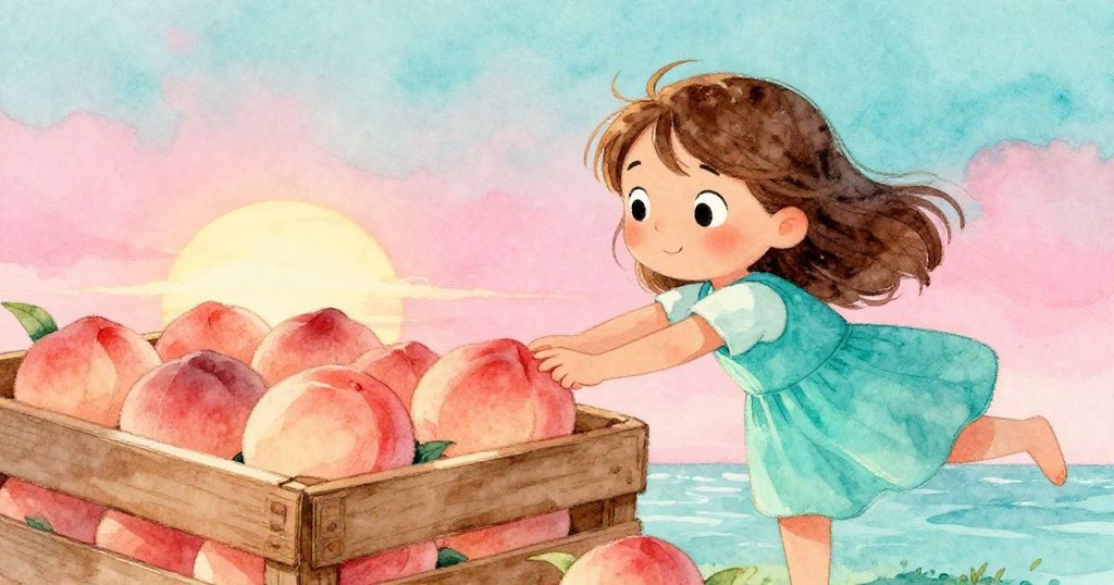 露西亞好奇地將手指滑進桃子間測試果實硬度,背景呈現夕陽粉與海洋藍交織的溫暖色調,充滿探索之情。