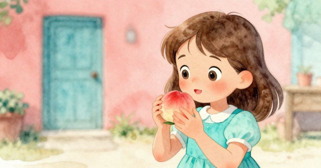 露西亞輕輕捏著桃子,感受溫暖糖香瀰漫,臉上流露著充滿懷舊的柔和神情,背景朦朧溫馨。