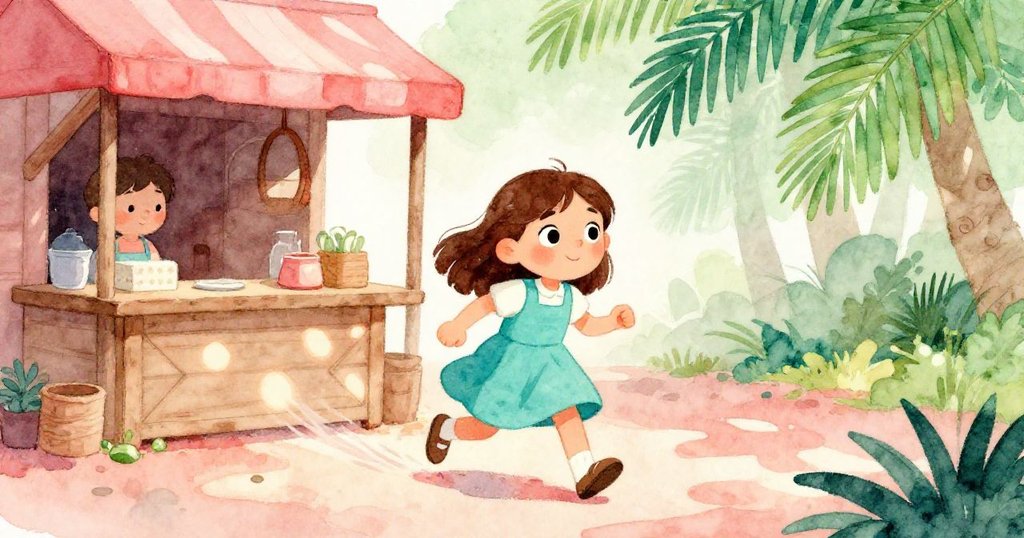 露西亞在光影交錯的攤位中動態前行,手臂揮舞間流露出探索桃香的活力,背景充滿移動的光影與色帶。