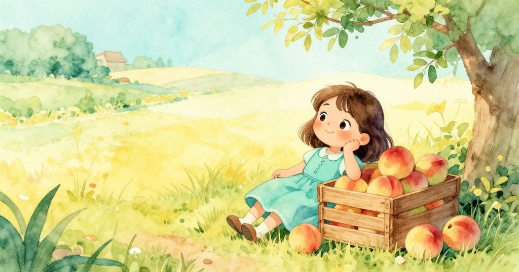 露西亞安坐於農場攤位邊,輕握著散發暖意的熟桃,臉上洋溢著滿足安詳的微笑,環境祥和寧靜。