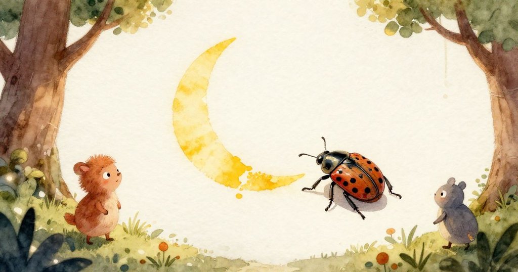 在溫暖廚房中，一張舊報紙上出現月牙形污點，一隻小甲蟲正悄悄爬出，散發出神秘且期待的氣息。