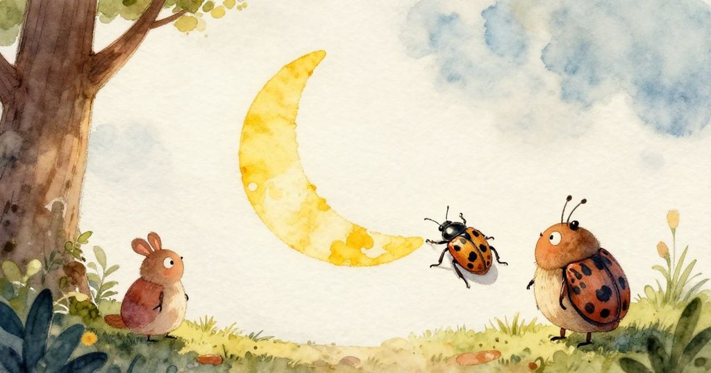 特寫畫面中，一隻小甲蟲展現出青苔質感的殼和淡粉色溝痕，被紅與黃的小顏料井環繞，充滿藝術與細膩感。