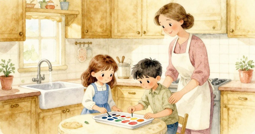 溫馨廚房中，家長在水槽旁輕輕哼歌，莉莉與埃米特並肩調色，合作中展現出愉悅與創意。