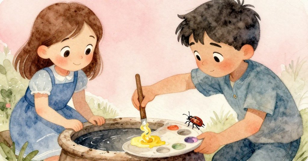 埃米特專注地從剩餘的黃色顏料上刮下一絲細膩的漩渦放入空顏料井，莉莉緊盯著，氣氛充滿期待與微妙張力。