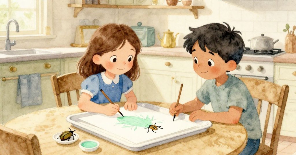 在溫暖廚房中，莉莉與埃米特露出滿足微笑，小甲蟲沾著薄荷綠顏料安靜見證完成的創作，整體氛圍平和輕鬆。