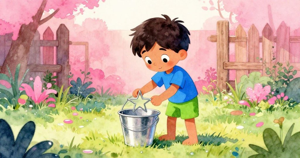 Sam 在晨光中進入花園,伸手將星型線材浸入桶中,背景有草地和木籬欄,表情專注充滿期待