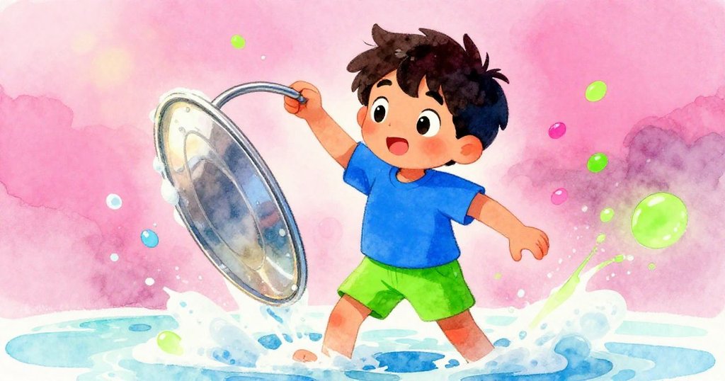 Sam 在花園中熟練轉動金屬盤環,泡沫中反射出鮮豔色彩和光點,展示動感創意實驗