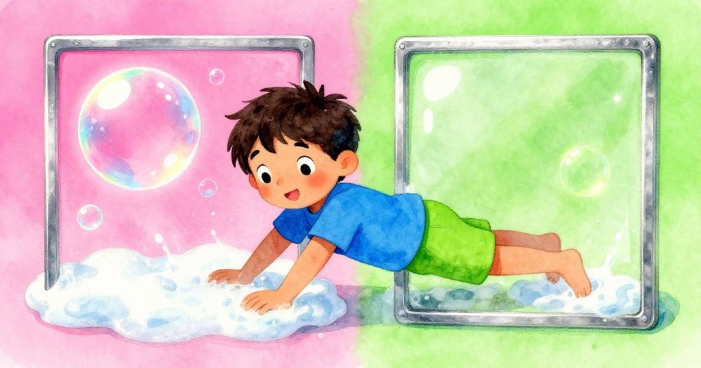 Sam 正專注將方形相框滑入逐漸消逝的薄膜,畫面左側呈現微光記憶,右側呈現現實穩定效果,充滿神奇對比