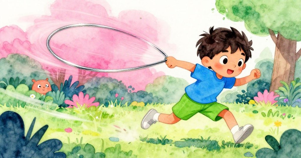 Sam 衝向飛舞盤環,急速追逐中手臂揮舞,草地上風起雲湧,展現動感與奮力追趕情景