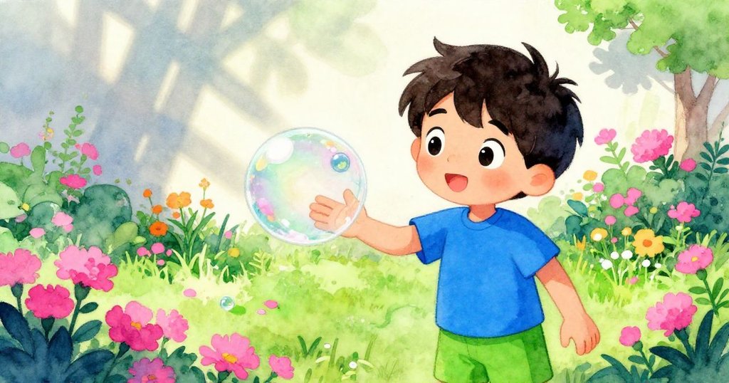 Sam 在風影牆前展示創作,細緻玻璃上掛著一滴皂珠,周圍花園寬廣,滿載成就感與微妙風情