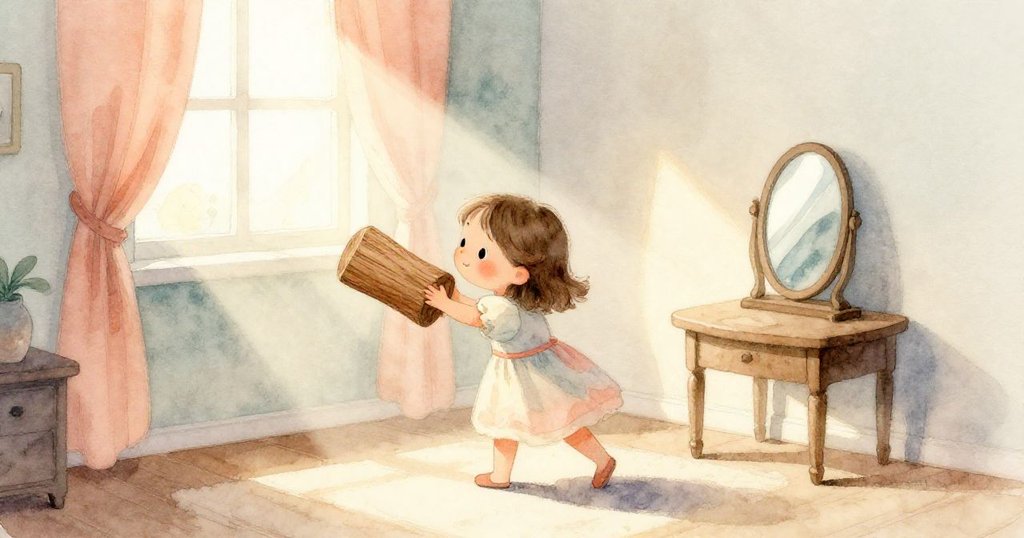 克拉拉在溫馨客廳中推動書本，鏡子靠著書本擺放，午後光線斜射進來，呈現戲劇性明暗對比。