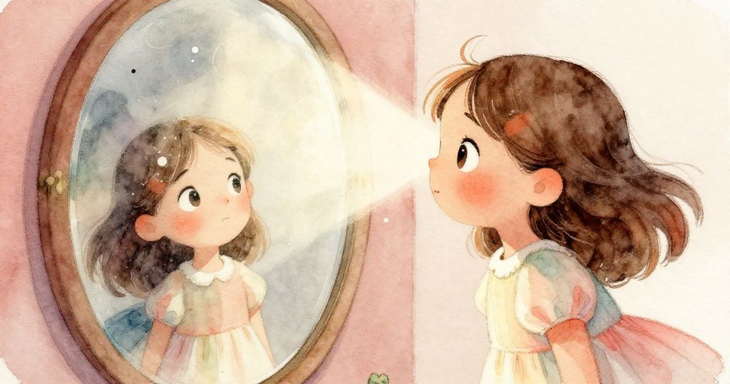 克拉拉驚奇凝視扭曲光束與旋轉塵埃，神奇光漣映出室內熟悉佈局，充滿奇幻溫暖氣息。