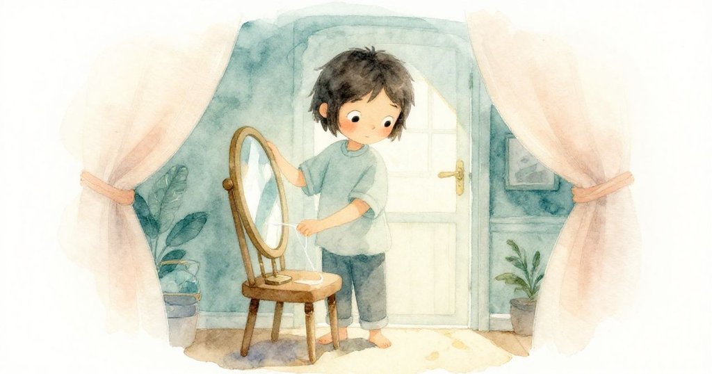 約克小心跨過明亮線條，在隱蔽角落擺放鏡子，展現關懷與專注，營造溫馨祕密氣氛。