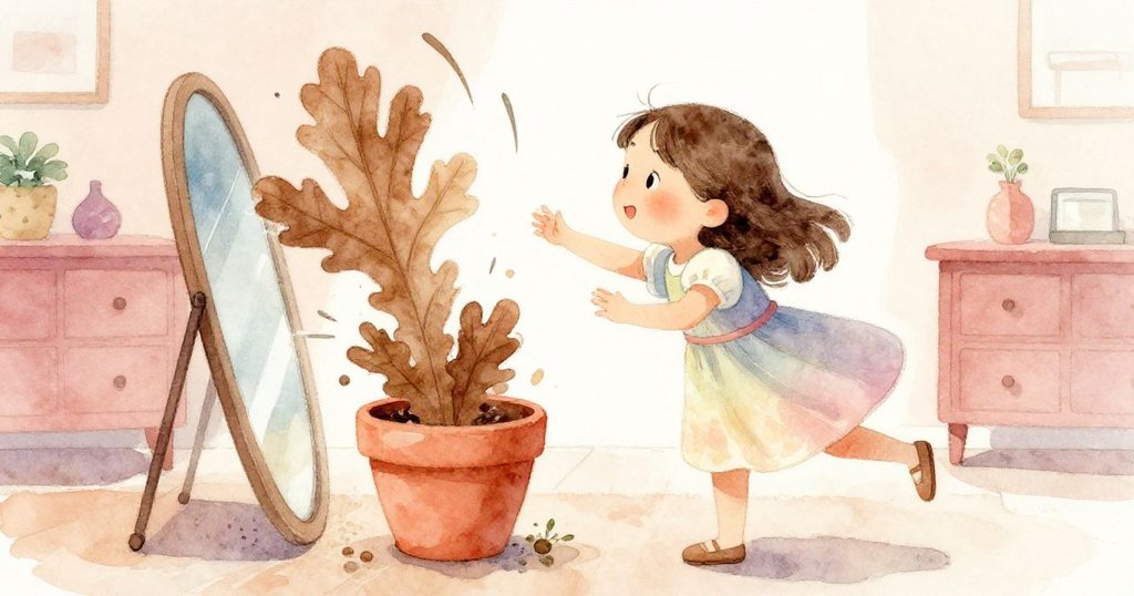 克拉拉緊張迅速接住下墜的鏡子，用陶土花盆穩住滑動的書本，室內氛圍緊張中透出決心。