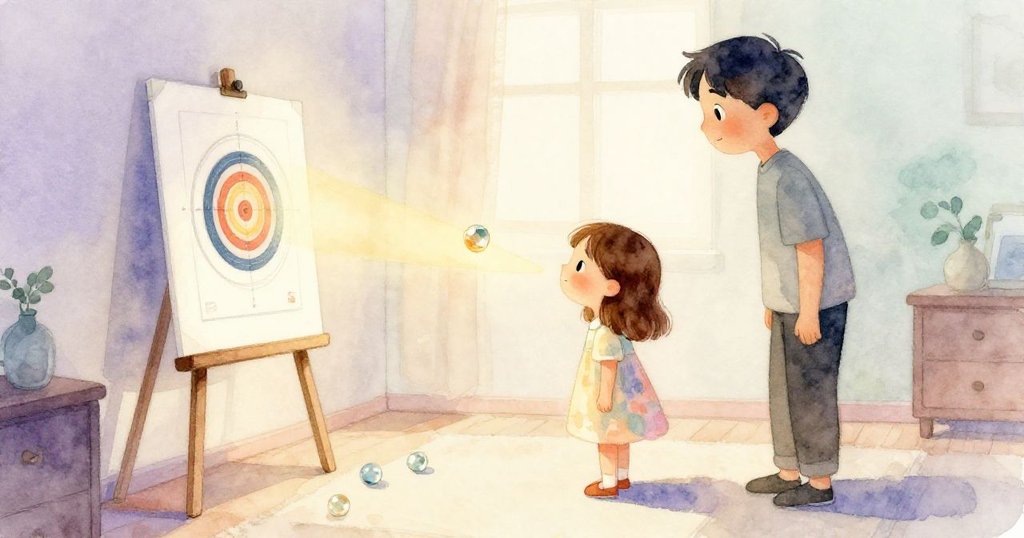 克拉拉與約克在明亮室內靜觀瑩光重現，玻璃彈珠散射光點映照目標卡，畫面溫馨平和落幕。