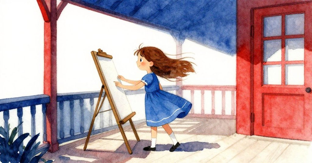 Faye在溫暖門廊上注視傾斜畫板,臉上流露出好奇與決心,風輕拂過工具,充滿微妙變化.