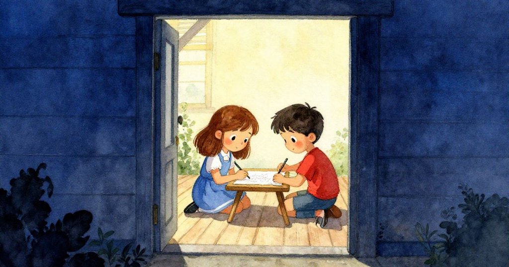 Seth在門口旁輕觸畫板,與Faye默契合作,畫面柔和溫暖,展現相互扶持與信任的瞬間.